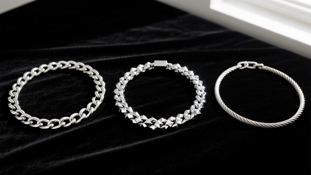 Flat lay of three 20-inch chains on black velvet: a polished box chain, a diamond-cut rope chain, and a standard cable chain.
