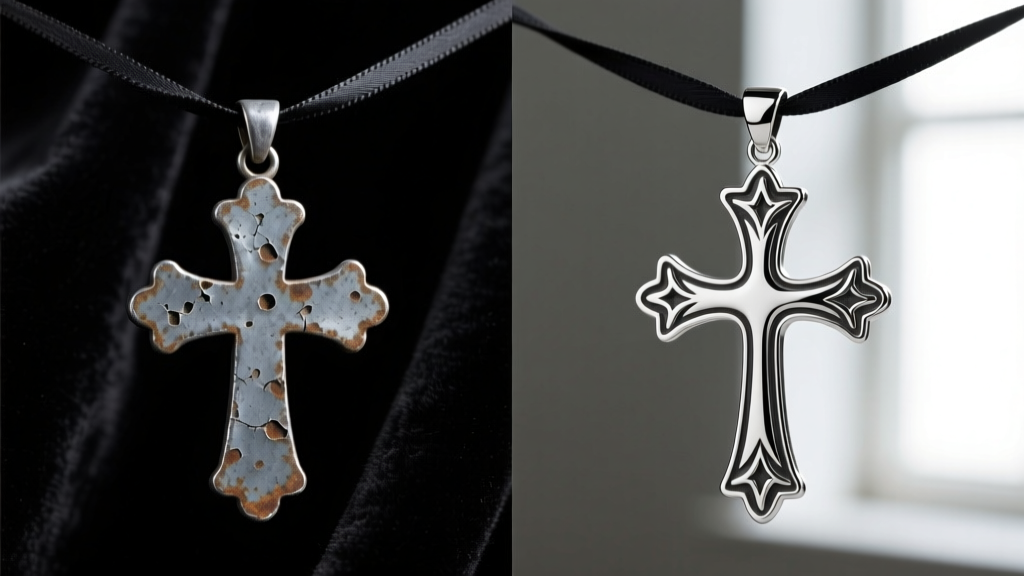Side-by-side comparison of a pitted zinc alloy cross pendant and a polished solid 925 sterling silver gothic cross on black velvet.