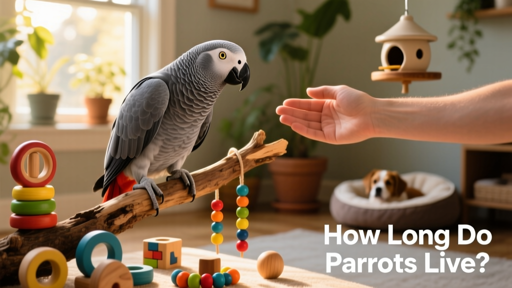A confident African grey parrot interacting with a human hand while perched on a natural wood branch with colorful toys nearby