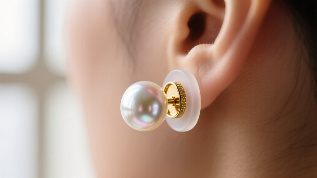 Macro close-up of a 14-gauge gold earring post securing a heavy 18mm pearl, with a clear silicone support disc behind the earlobe.