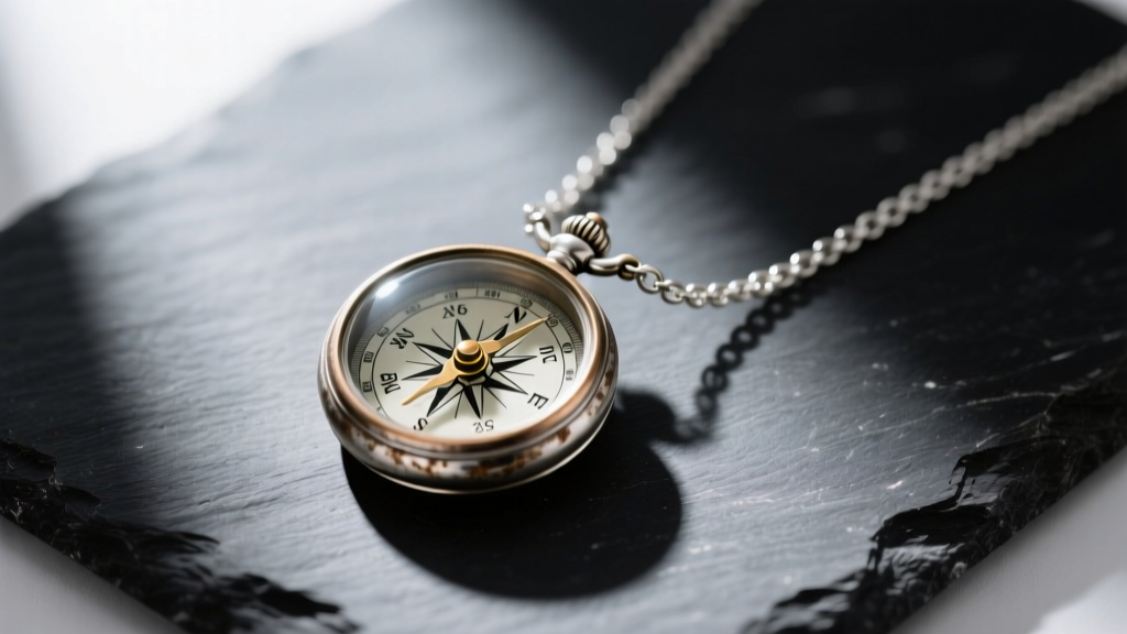 A tarnished 925 sterling silver compass necklace resting on dark slate, highlighting dull metal and a vintage glass compass dial.