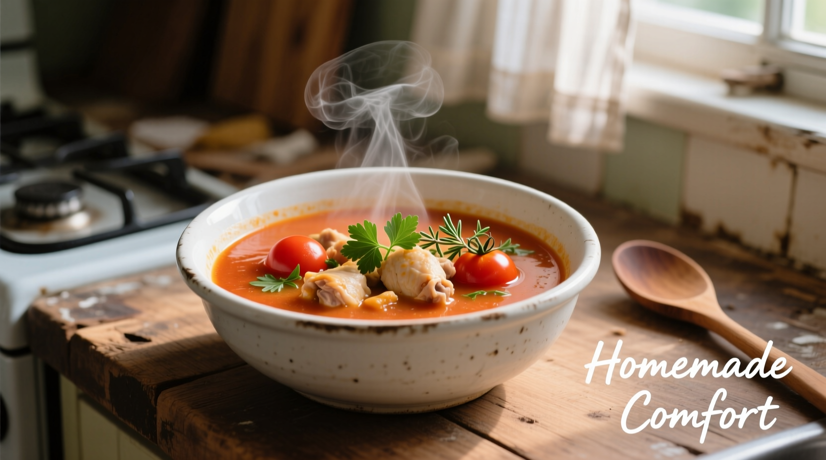 Homemade tomato chicken soup in white bowl