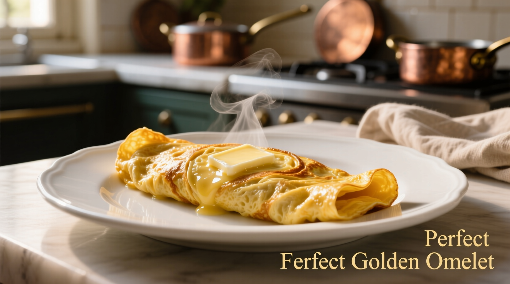 Perfect golden French omelet folded on white plate
