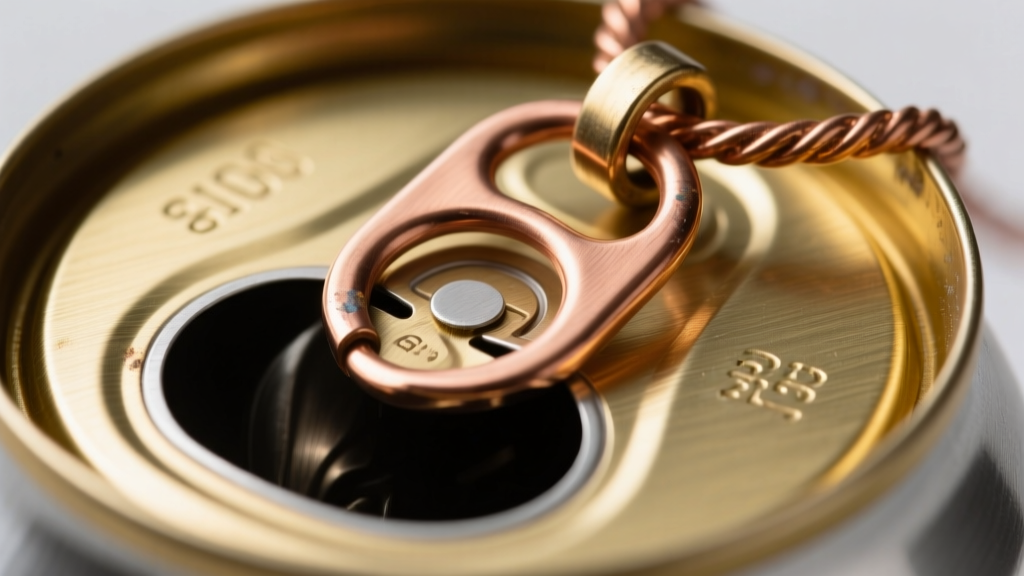 Macro shot of a brass backing washer and thick copper jump ring reinforcing the top bail hole of a thin aluminum pop can pendant.