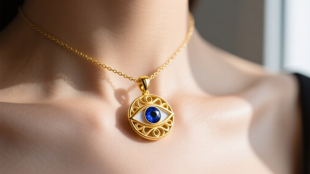 Close-up of a 14k yellow gold pendant necklace featuring a delicate evil eye motif with a sapphire center, resting on a collarbone.