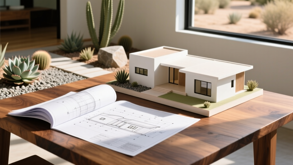 Architectural blueprints spread on a wooden table next to a scale model of a modern California stucco home with drought-resistant landscaping