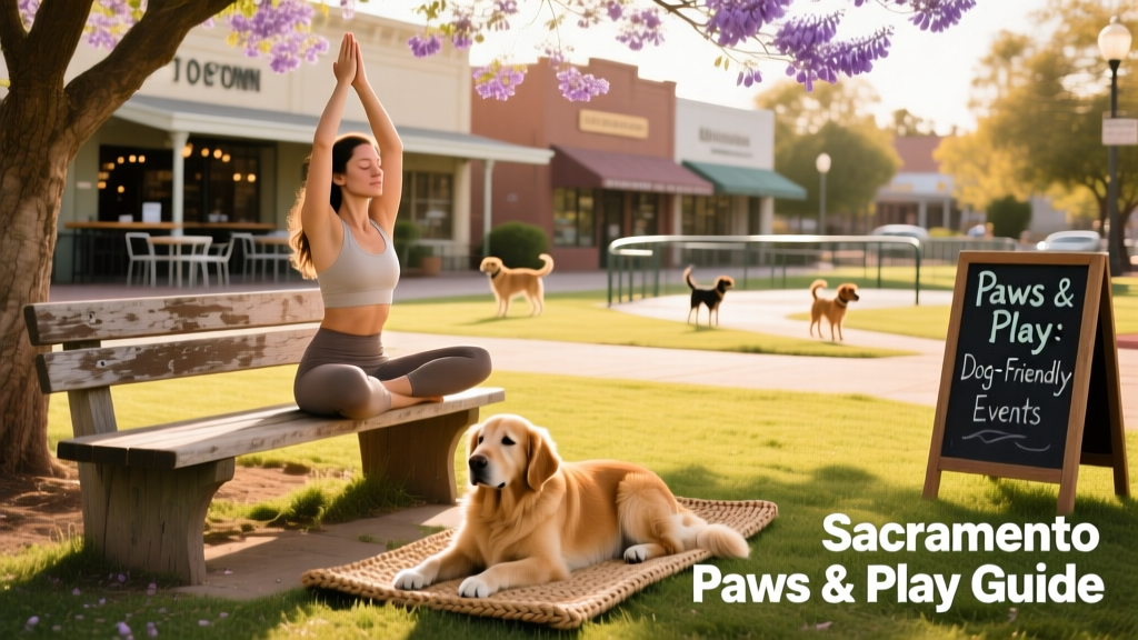 A person doing gentle yoga outdoors with their calm, attentive dog resting beside them