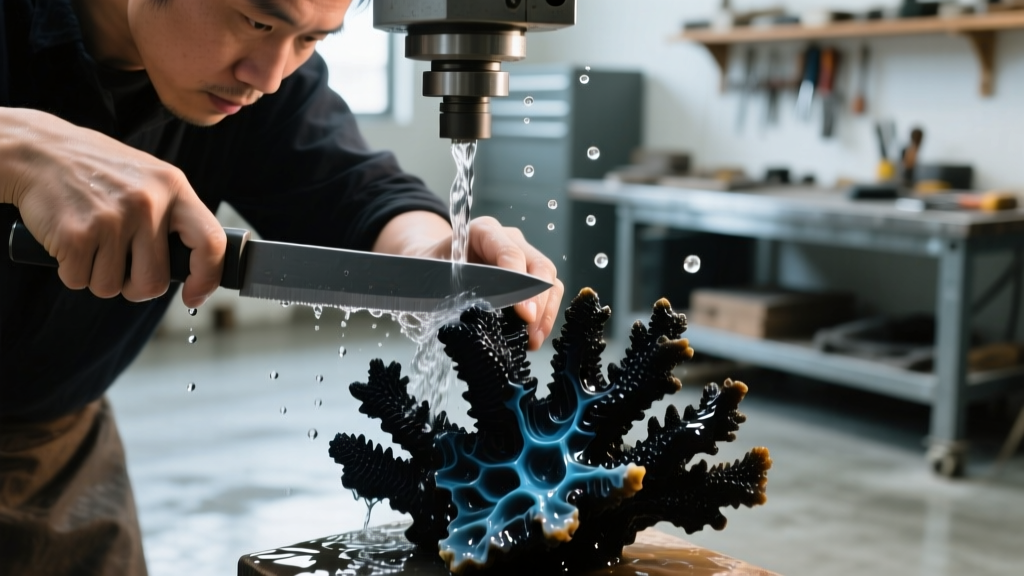 Artisan using a low-speed diamond saw with water cooling to slice black coral, preventing thermal damage and micro-fractures.