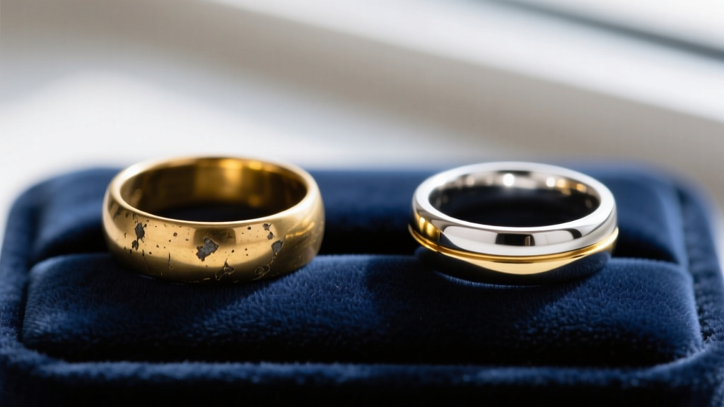 Side by side view of tarnished brass gold plated ring and pristine sterling silver gold vermeil ring on a dark velvet display pad.