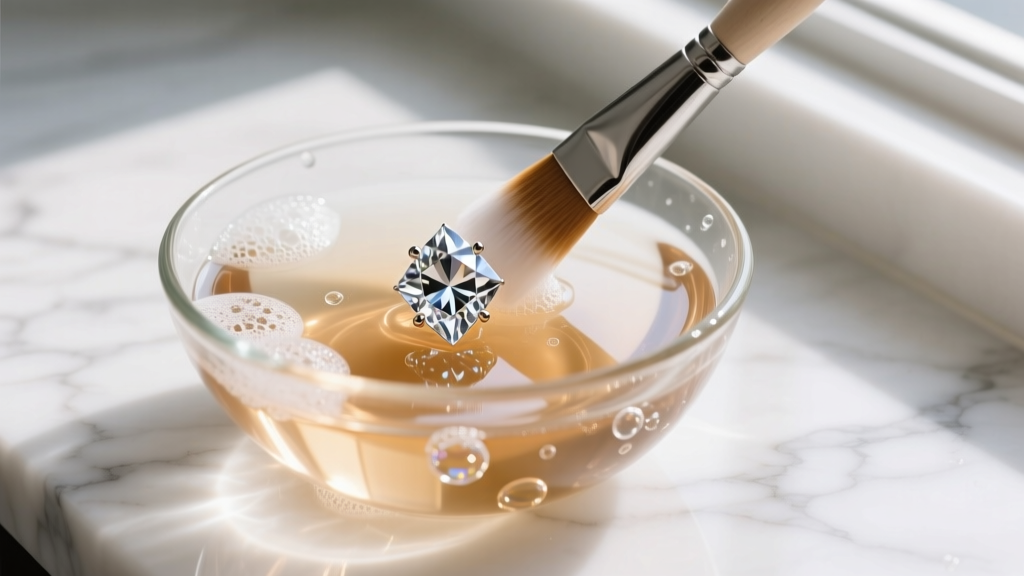 Soft brush cleaning a geometric diamond cluster earring in a glass bowl of warm soapy solution on a white marble countertop
