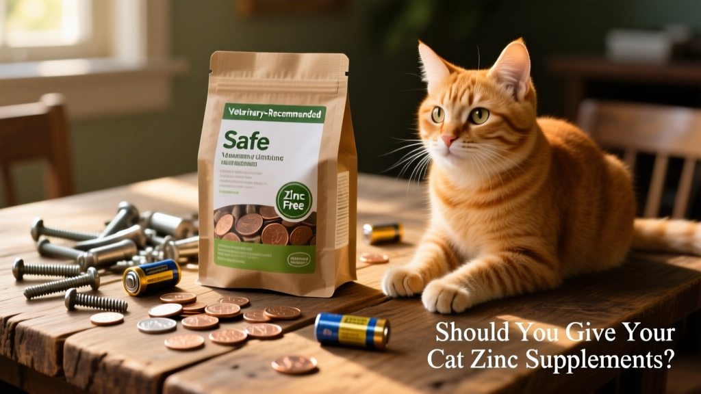Side-by-side comparison of safe cat food packaging and hazardous household zinc items like coins and hardware