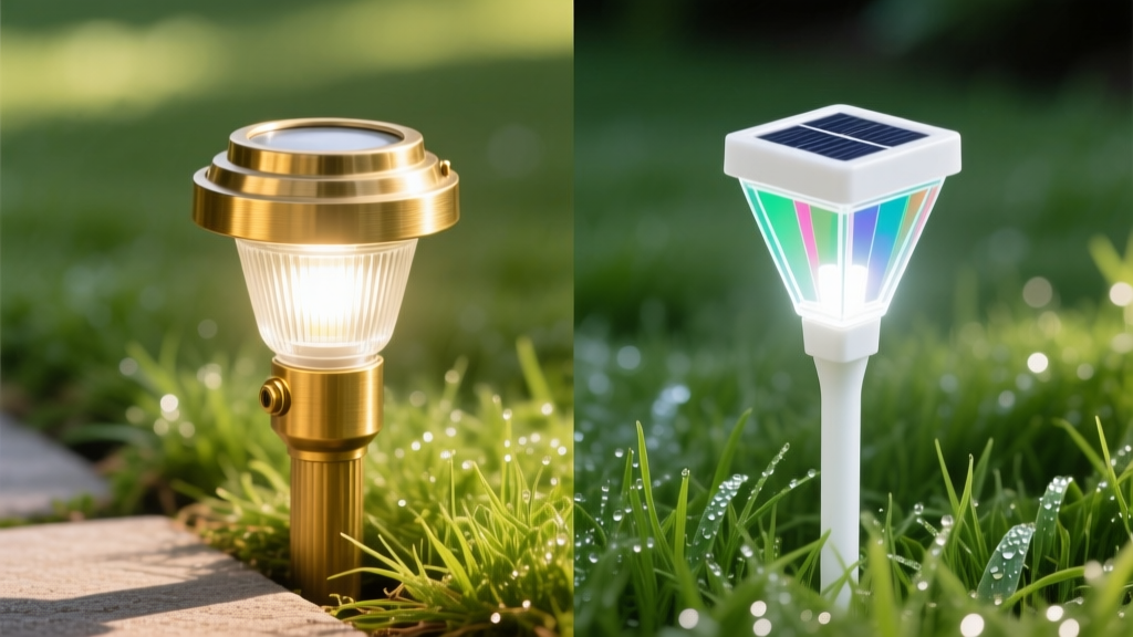 Side-by-side comparison of a heavy-duty brass 12-volt low voltage LED path light and a lightweight plastic solar garden stake light on green grass.