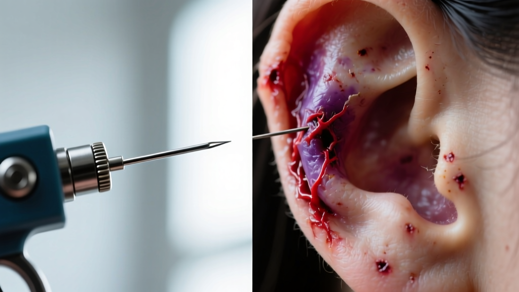 Macro view comparing a clean needle puncture to a bruised earlobe wound caused by a spring-loaded piercing gun device.