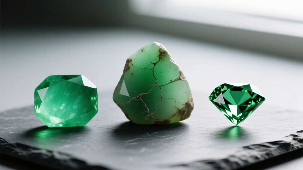 Macro photo comparing three green gemstones: polished chrysoprase, raw nephrite jade, and faceted green tourmaline on slate
