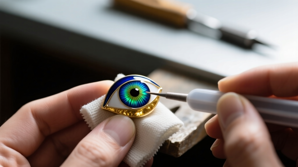 Close-up of a jeweler using a microfiber cloth and specialized plastic polish to restore a cloudy cold-enamel eye charm iris.