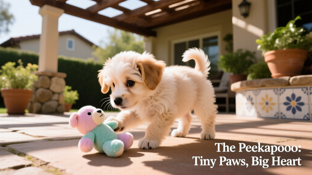 A Peekapoo playing gently with a soft toy on a shaded patio