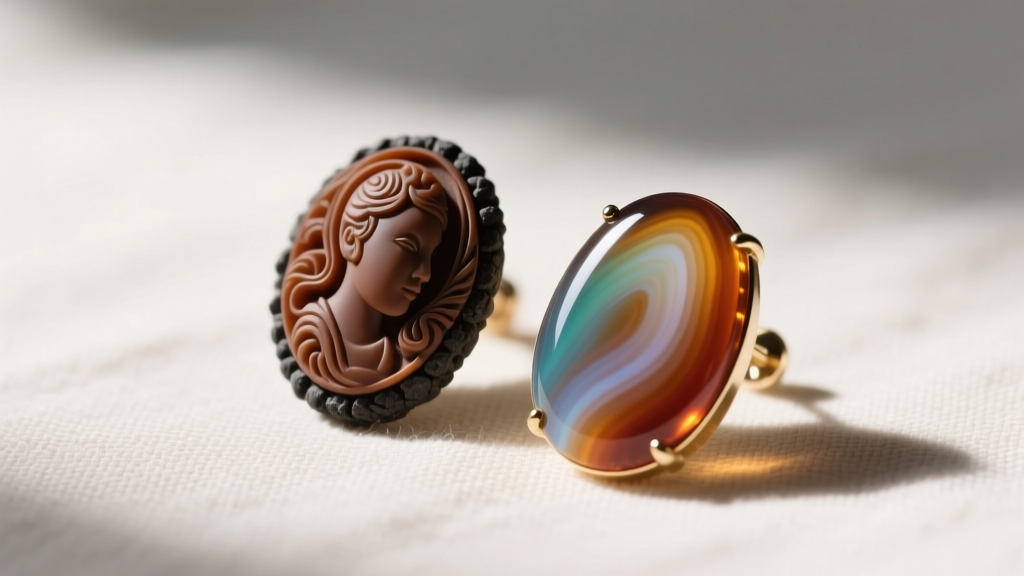 Detailed view of a matte lava cameo and polished agate cameo earring showing contrasting textures and deep carving on plain linen