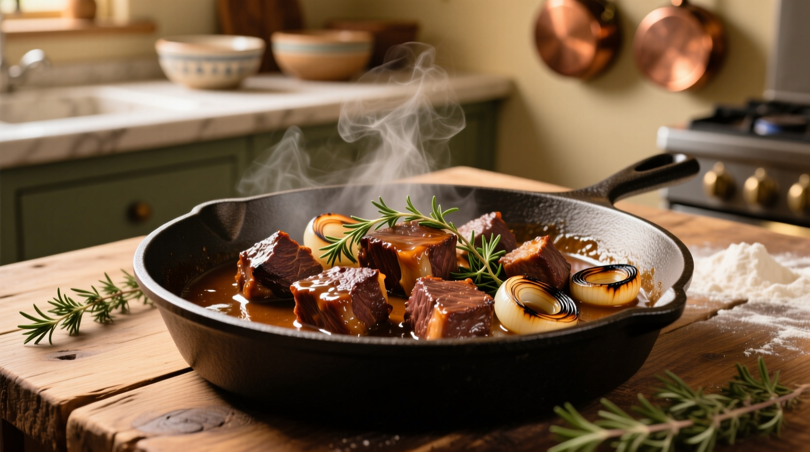Perfectly braised beef tips in cast iron skillet