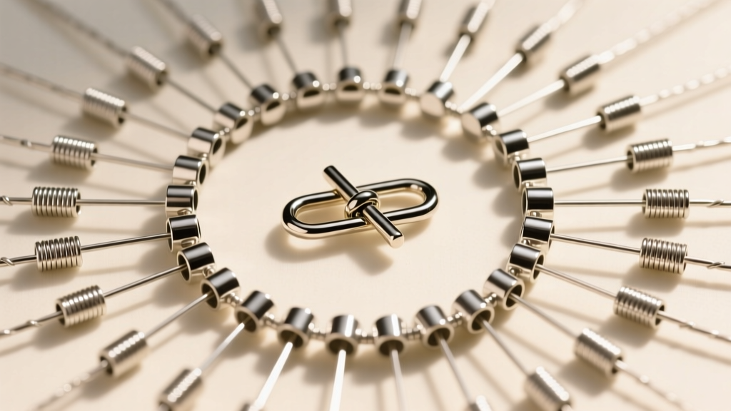 Top-down view of a beading mat with 49-strand steel wire, 2x2mm silver crimp tubes, and a toggle clasp under bright warm lighting.