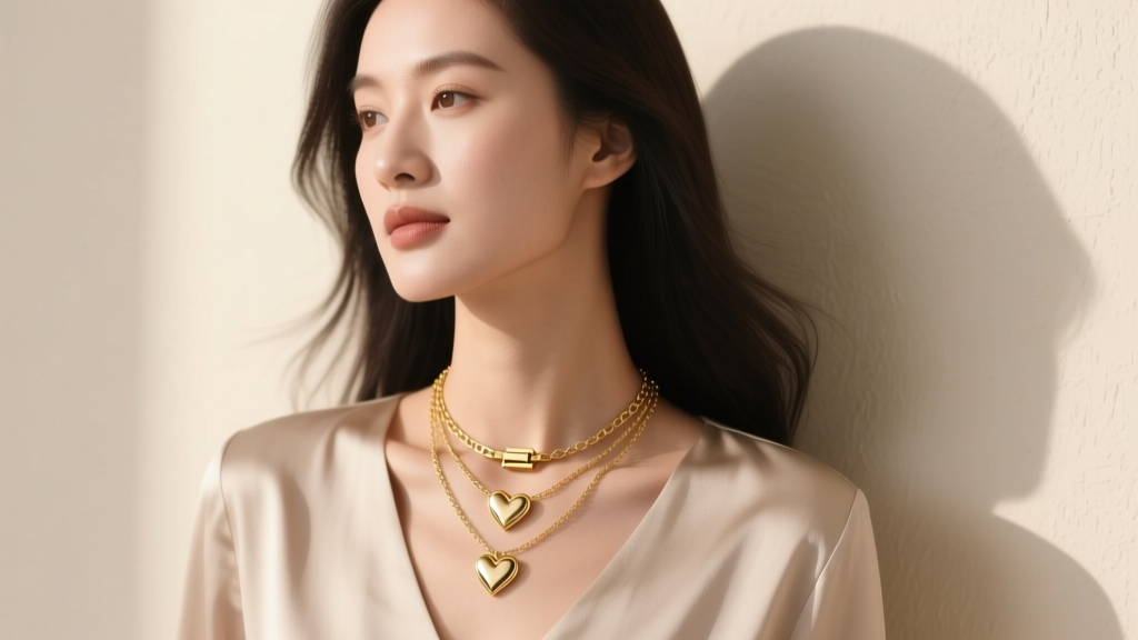 Woman wearing a layered heart necklace with a gold magnetic spacer clasp, showing perfect spacing and no overlapping chains.