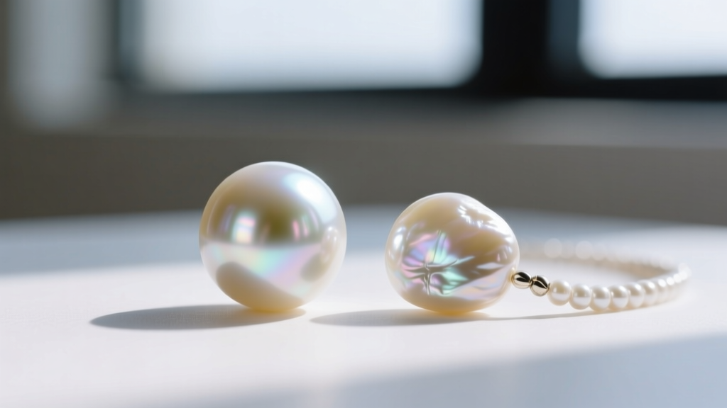 Macro photo comparing a round AAA freshwater pearl to an off-round commercial pearl typically used in viral trend beaded chokers.