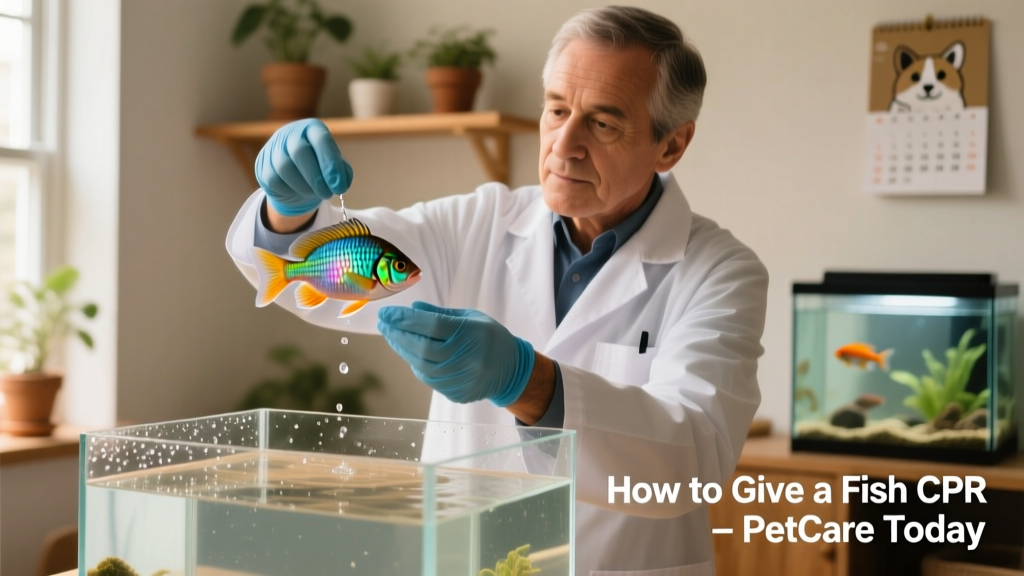 Veterinarian demonstrating proper fish handling technique with gloved hands over a small aquarium