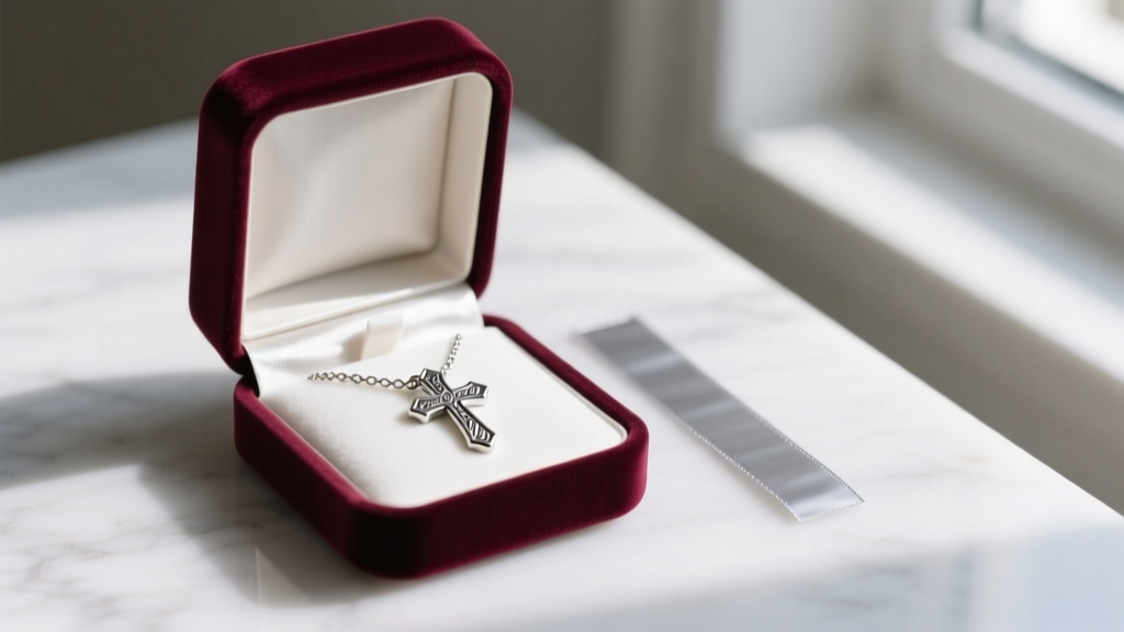 Velvet jewelry box holding a stainless steel kids cross necklace, stored safely away from humidity next to an anti-tarnish strip.