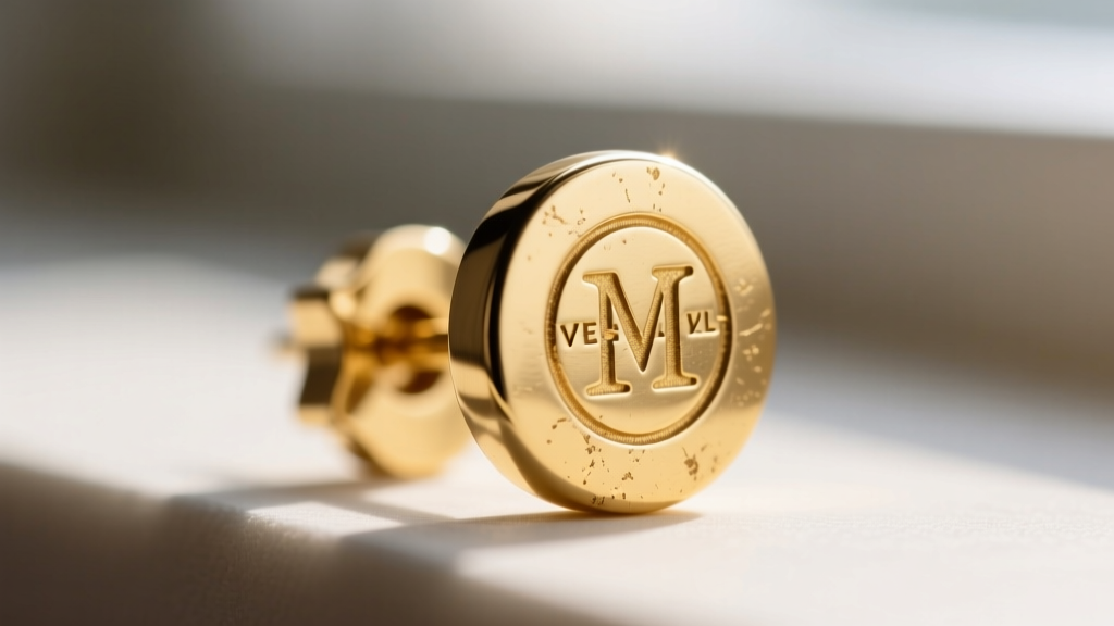 Extreme close-up of a stamped hallmark on the back of a gold vermeil earring, highlighting the crisp font and subtle metal wear.