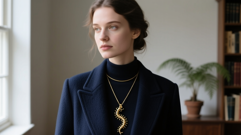 Woman in dark academia blazer wearing a gold vermeil centipede pendant on a 2mm rope chain, lit by soft natural window light