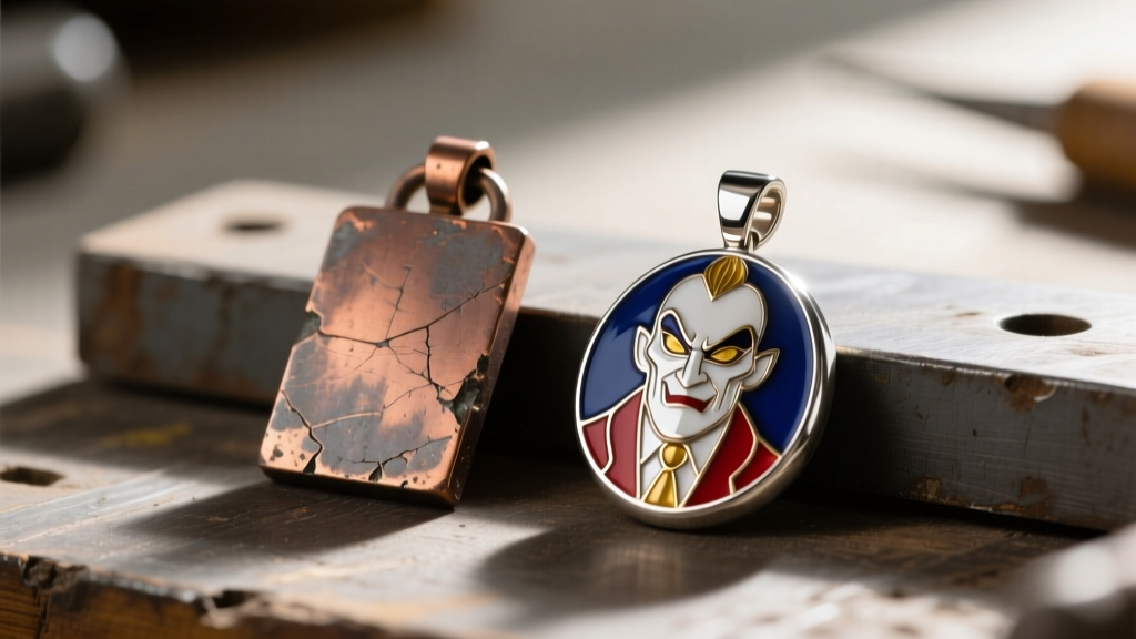 Macro shot comparing a rough zinc alloy Dr Facilier pendant to a polished sterling silver and cold enamel replica on a workbench.