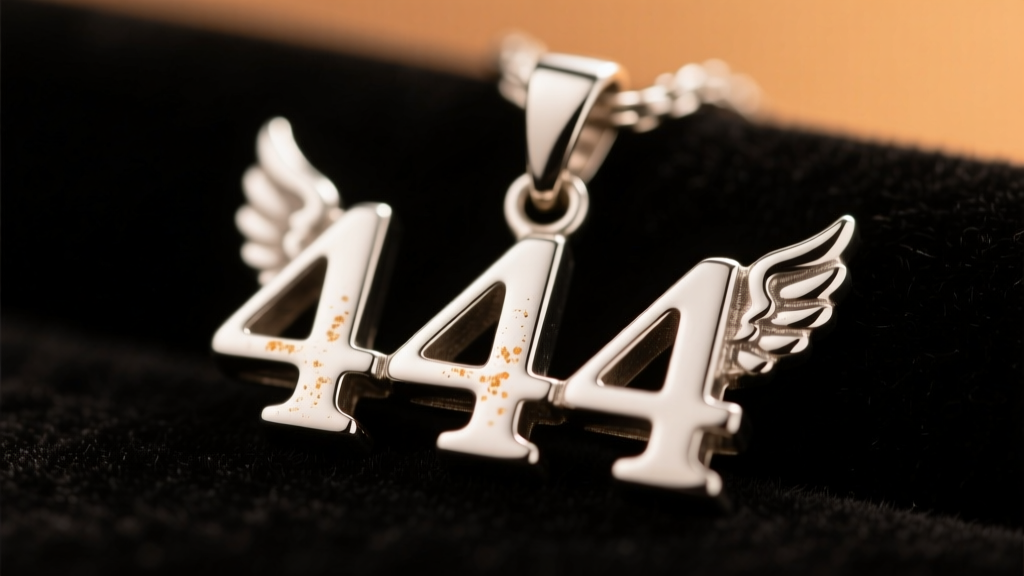 Macro view of a sterling silver 444 angel number pendant showing slight tarnish in the number grooves under soft warm light.