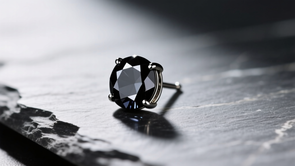 Close-up of a 5mm black spinel stud earring in a bezel setting on slate, highlighting the deep luster and reflective facets.
