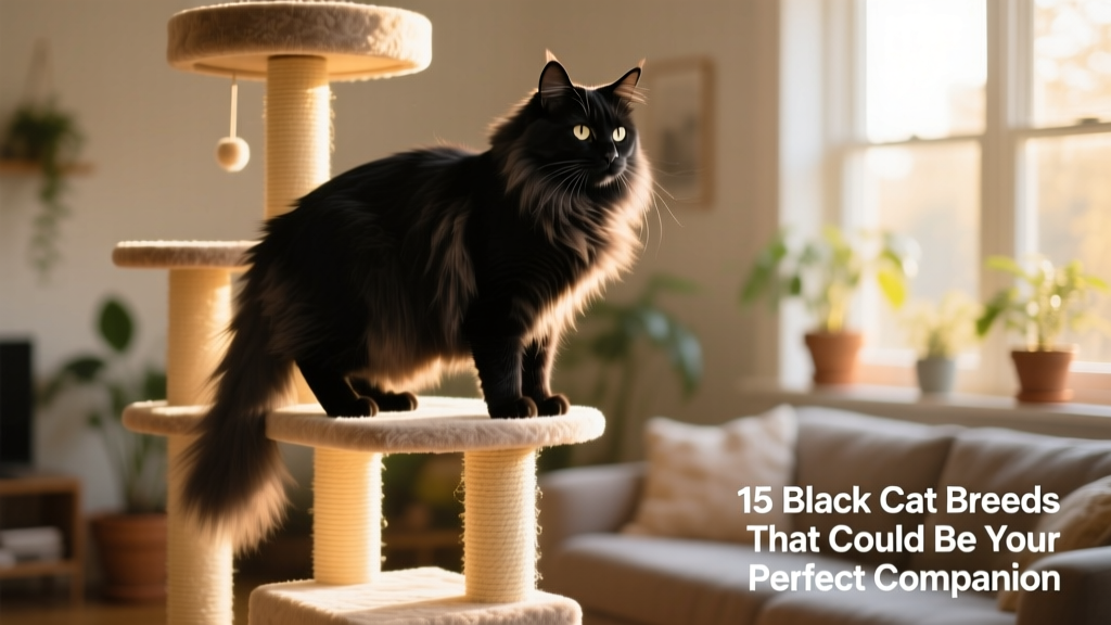 A large black Norwegian Forest Cat perched confidently atop a tall, multi-level cat tree, gazing out a sunlit window