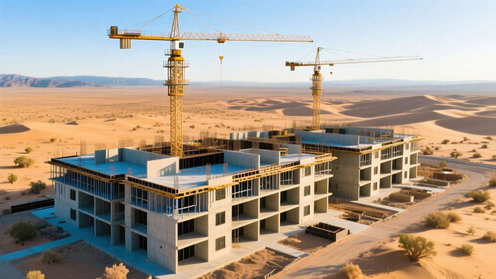Aerial view of a mid-rise apartment complex under construction with cranes, showing exposed concrete framing and regional desert landscaping