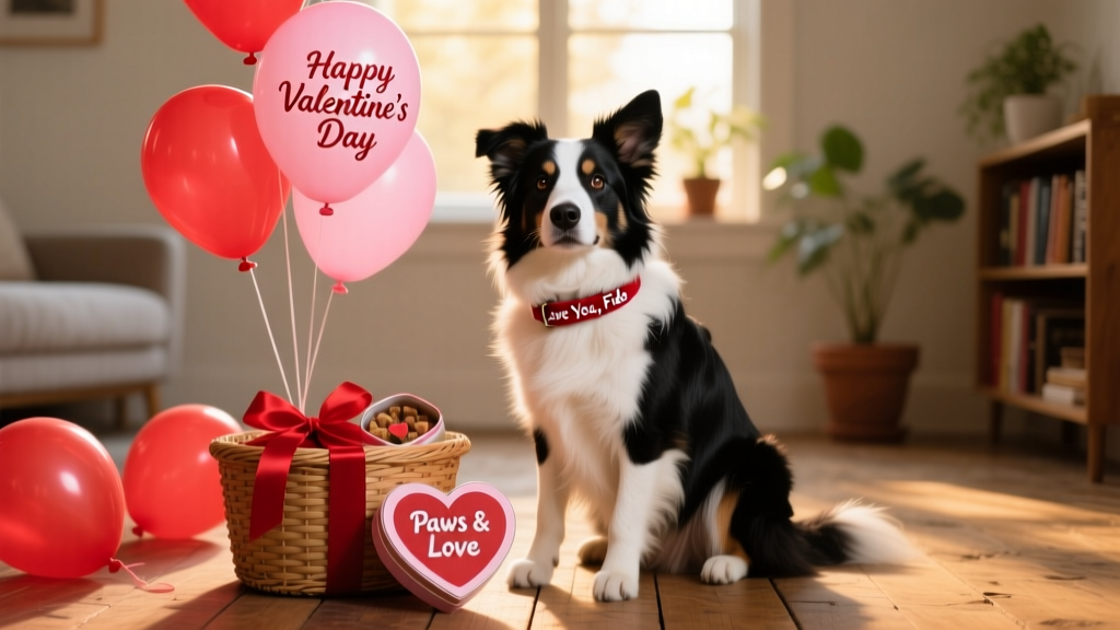 an Australian Shepherd sat next to a Valentine's Day themed gift and balloons