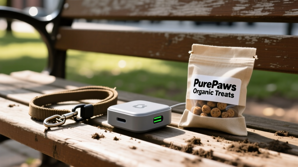 Recycled gray plastic wireless charger resting on a wooden park bench next to a muddy nylon dog leash and a bag of organic pet treats