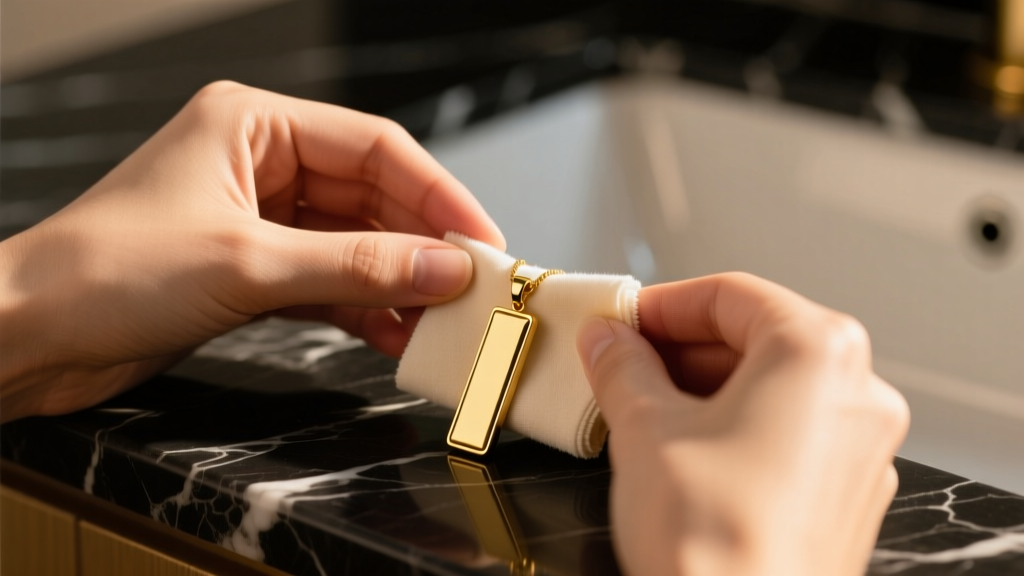 Hands polishing a delicate gold minimalist bar pendant with a microfiber cloth on a dark marble vanity surface, warm lighting