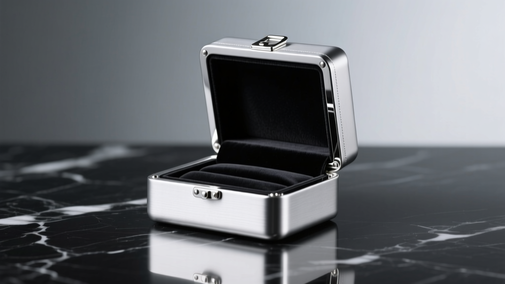 Premium airtight silver jewelry box with black anti-tarnish velvet lining on dark marble surface under soft studio lighting