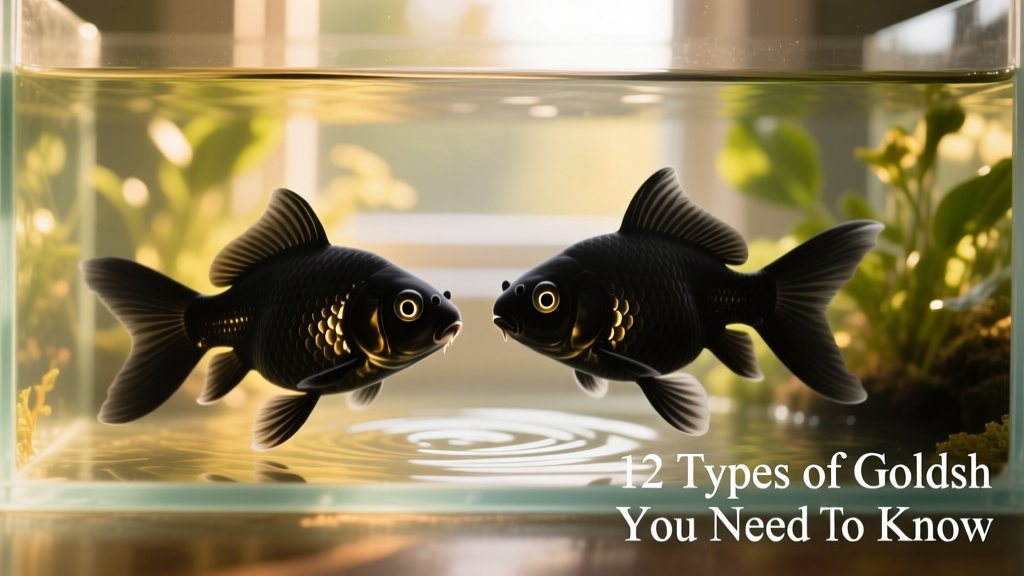Two black moor goldfish gliding side-by-side, showcasing their velvety black coloration and upward-gazing eyes