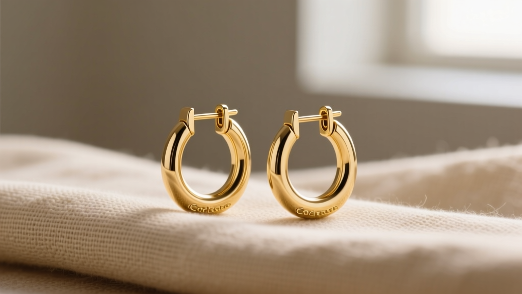 Gold-plated Coach huggie earrings resting on textured beige linen, soft natural window lighting highlighting the clasp