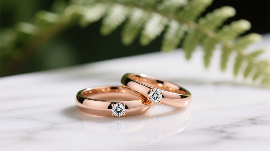 Three 18k rose gold stacking rings with flush-set diamonds on white marble, with softly blurred green ferns in the background.
