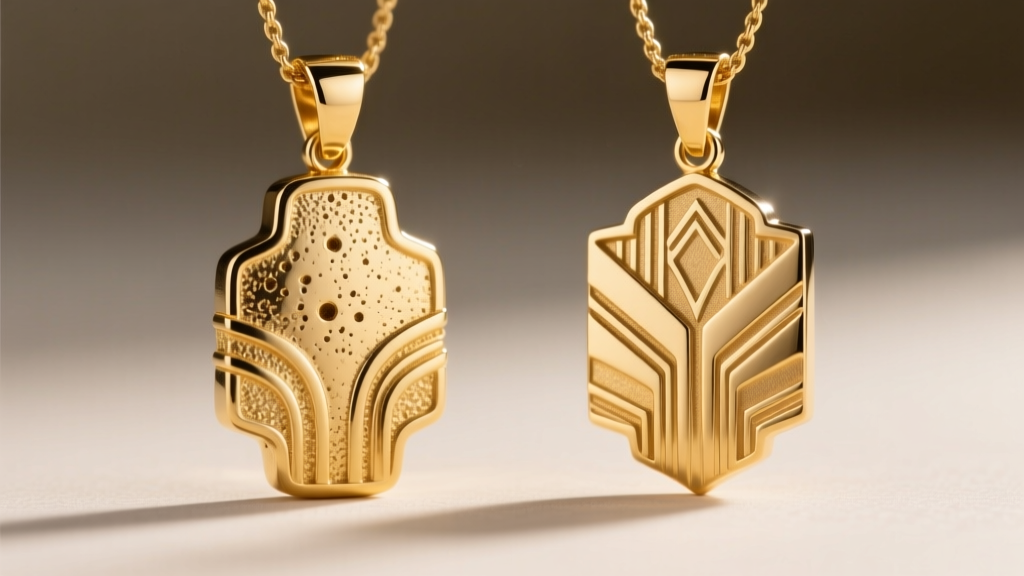 Side-by-side macro of a modern cast art deco gold pendant with porosity next to a vintage die-struck piece with crisp, clean edges.