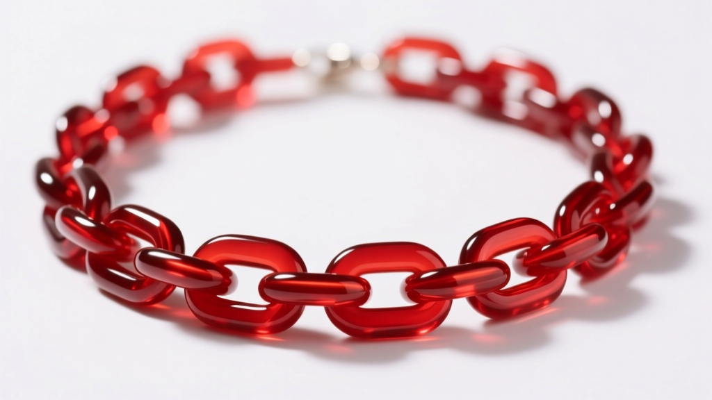 Macro shot of a chunky red acrylic resin link necklace, showing vibrant translucent crimson color and smooth edges on white.