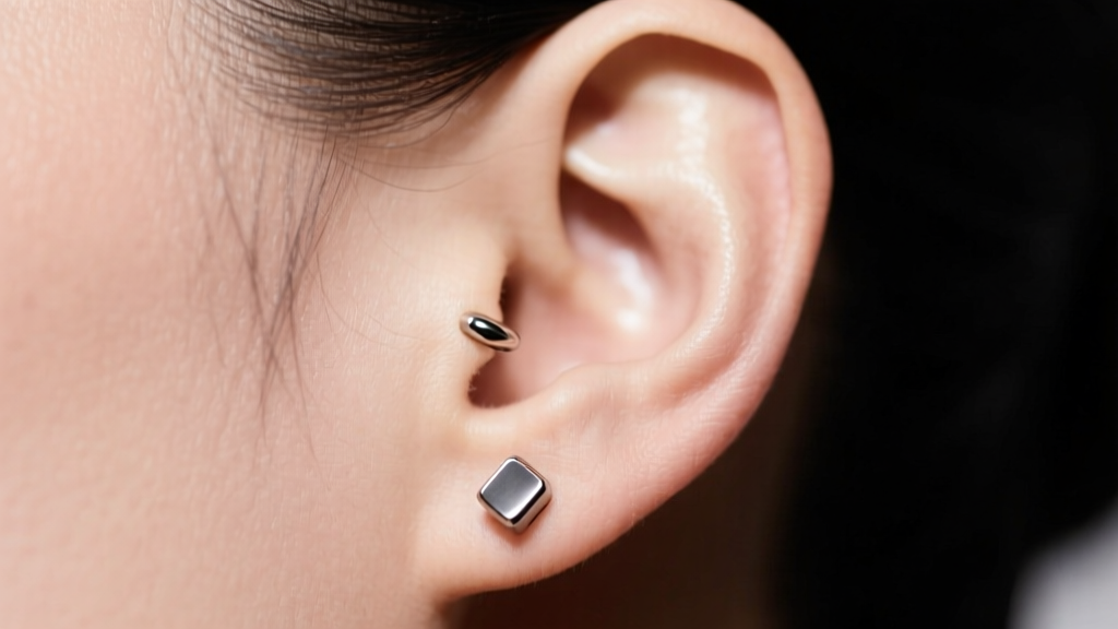 Close-up of an earlobe wearing a polished titanium labret stud, soft clinical lighting highlighting calm, healthy skin