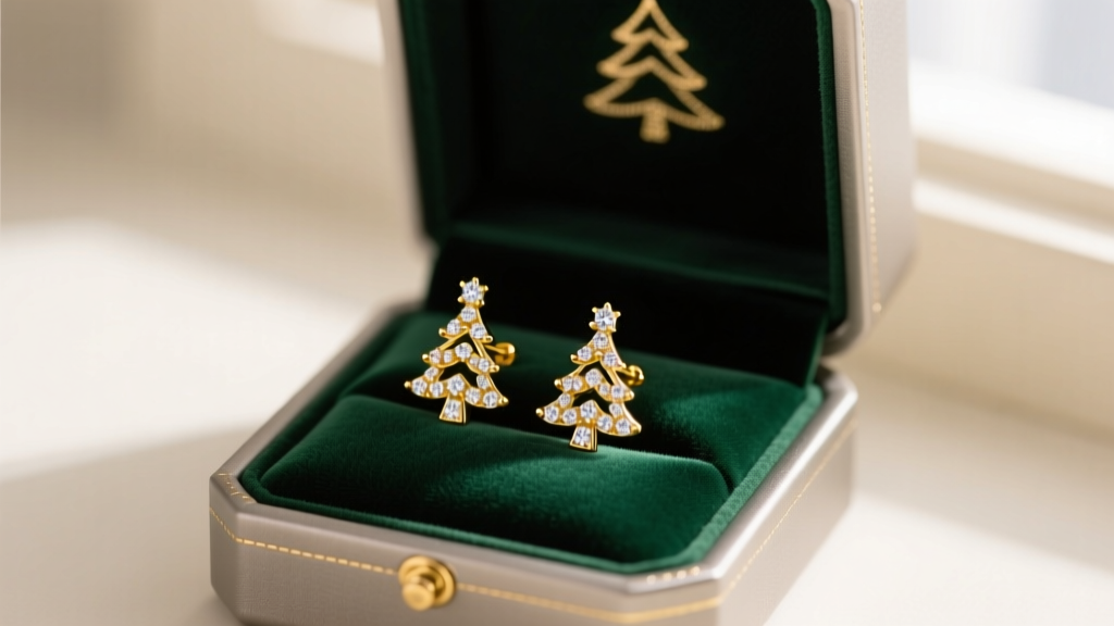 Elegant holiday gift box open to reveal 14k yellow gold diamond-pave Christmas tree stud earrings resting on dark green velvet.
