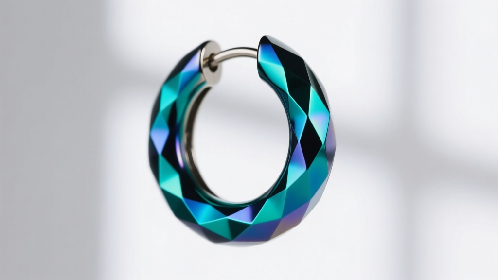 Close-up of a titanium huggie hoop anodized to a vibrant teal hue at 75 volts, showcasing the interference color oxide layer