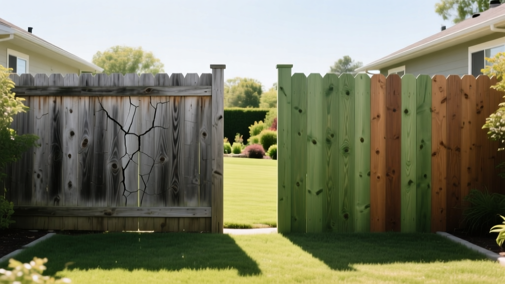 Side-by-side weathered cedar and fresh pressure-treated pine fence sections in a sunny backyard showing clear wood grain details