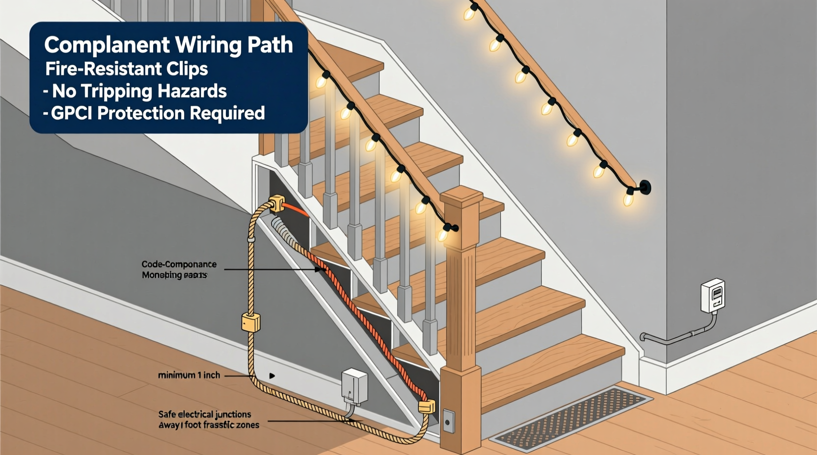 how to safely install rope lights along stair railings without violating fire code or tripping hazards