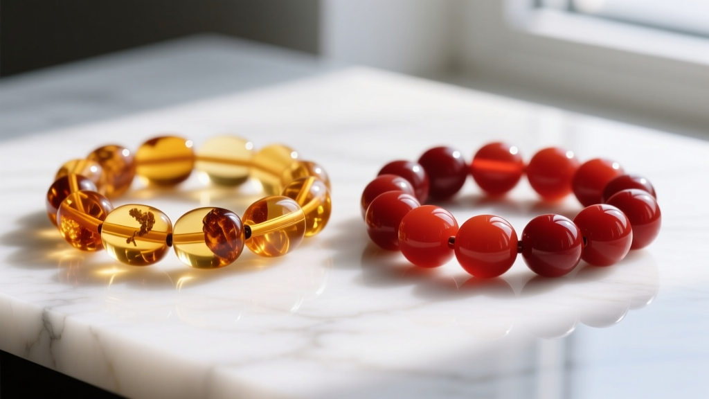 Macro comparison of translucent Baltic amber beads and opaque heat-treated carnelian beads on a white marble surface