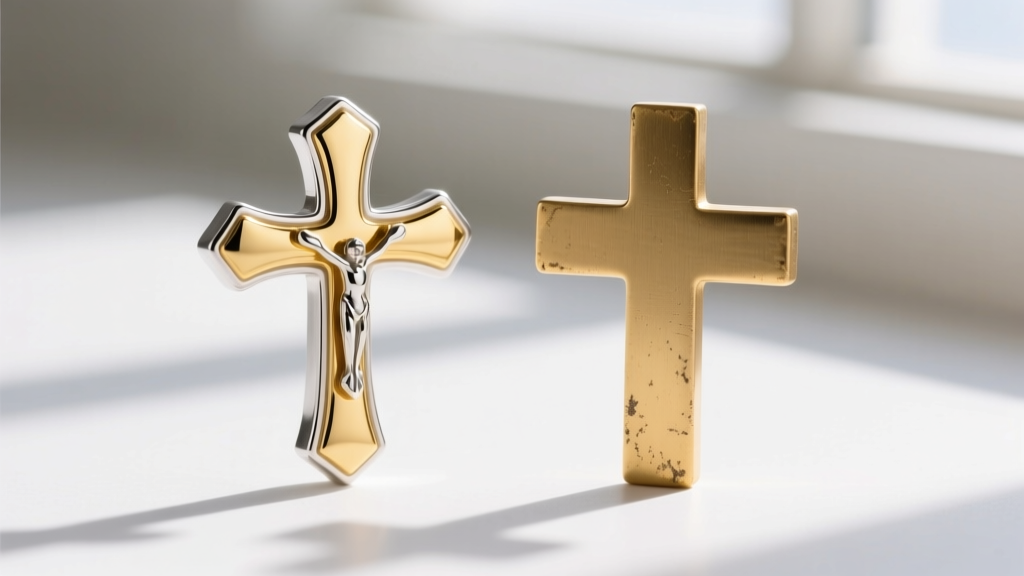 Macro photo comparing a high-polish gold over sterling silver James Avery cross with a brushed matte vintage solid gold cross.